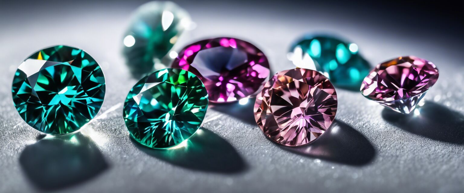 Close-up of different colored moissanite gemstones.